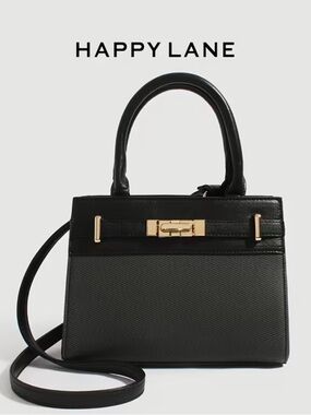 Happy Lane Black Mini Kelly Satchel Crossbody Bag Gold Turn-Lock PU Leather NWT